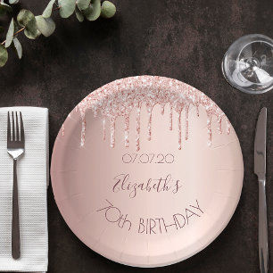 70. Geburtstag blush Rose Gold Glitzer Tropfen Nam Pappteller