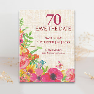 70. Geburtstag Bold Floral Leinen Save The Date Ankündigungspostkarte