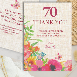 70. Geburtstag Bold Floral Leinen Wertschätzung Dankeskarte