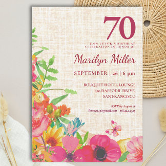 70. Geburtstag Bold Floral Linen Feier Einladung