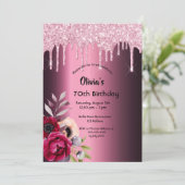 70. Geburtstag bordeauxrosa Glitzer Tropfen Blumen Einladung (Stehend Vorderseite)