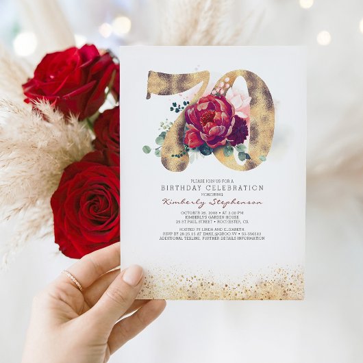 70. Geburtstag Burgund Red and Gold Glitzer Einladung