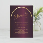 70. Geburtstag burgundy Gold arch Skript Luxus Einladung (Stehend Vorderseite)