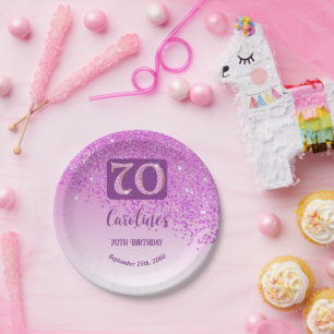 70. Geburtstag Chic Falling Pink Glitzer Pappteller