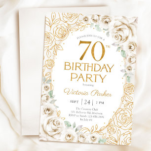 70. Geburtstag Creme Gold Blumen Weiblich Einladung