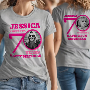 70. Geburtstag doppelseitiges Foto Name rosa Text T-Shirt