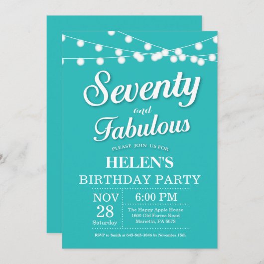 70. Geburtstag Einladung Aqua Türkis Fabulous (Vorne/Hinten)
