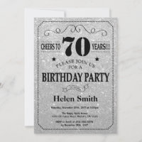 70. Geburtstag Einladung Black and Silver Glitzer