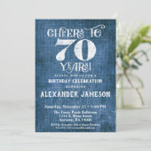 70. Geburtstag Einladung Blue Linen Rustikale Gefa (Stehend Vorderseite)