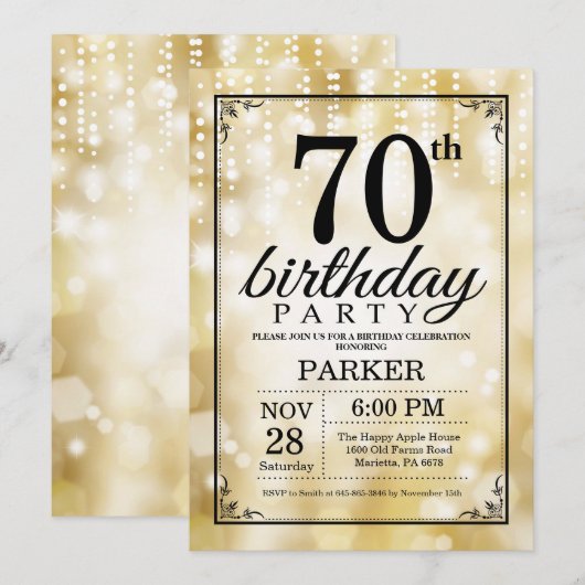 70. Geburtstag Einladung Gold Glitzer (Vorne/Hinten)