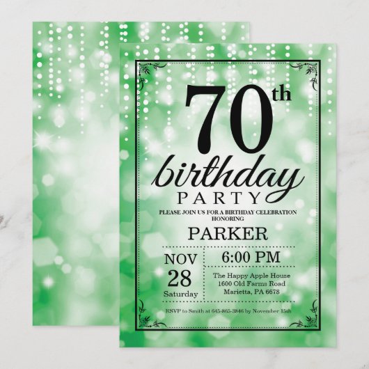70. Geburtstag Einladung Grüner Glitzer (Vorne/Hinten)