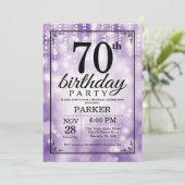 70. Geburtstag Einladung Lila Glitzer (Stehend Vorderseite)