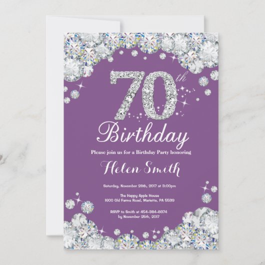70. Geburtstag Einladung Lila und Silver Diamond (Vorderseite)
