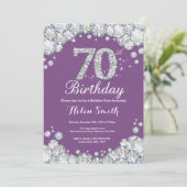 70. Geburtstag Einladung Lila und Silver Diamond (Stehend Vorderseite)
