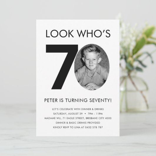 70. Geburtstag Einladung mit Foto (Stehend Vorderseite)