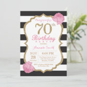 70. Geburtstag Einladung Pink Black Gold Floral (Stehend Vorderseite)