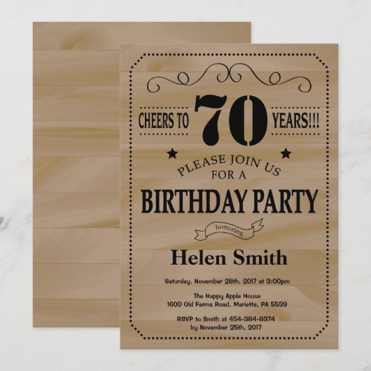 70. Geburtstag Einladung Rustikales Holz (Vorne/Hinten)