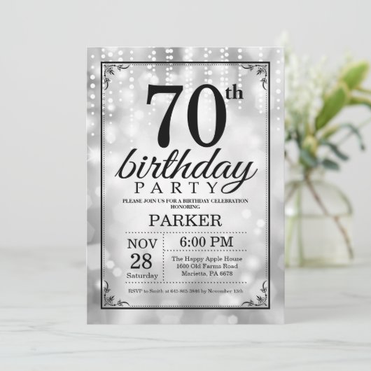 70. Geburtstag Einladung Silberner Glitzer (Stehend Vorderseite)
