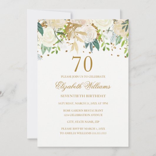 70. Geburtstag Elegant Goldene Blüte Einladung (Vorderseite)