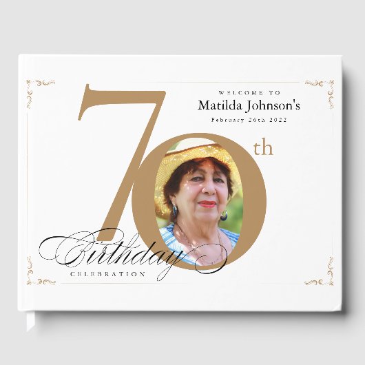 70. Geburtstag Elegant White Gold Calligraphie Gästebuch (Vorderseite)