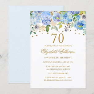 70. Geburtstag Elegante Blaue Goldene Blumeneinlad Einladung