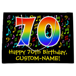 70. Geburtstag - Farbige Musiksymbole, Regenbogen Große Geschenktüte