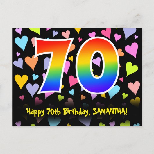 70. Geburtstag: Fun Hearts Muster, Regenbogen 70 Postkarte (Vorderseite)