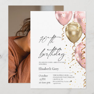 70. Geburtstag Gold Blush Rosa Ballons Modern Einladung