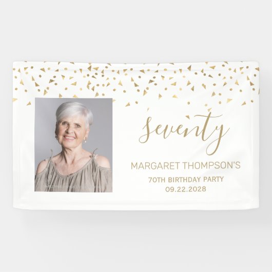 70. Geburtstag Gold Confetti Dreiecke Foto Weiß Banner (Horizontal)