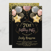 70. Geburtstag Gold Glitzer Confetti Balloons Blac Einladung (Vorne/Hinten)