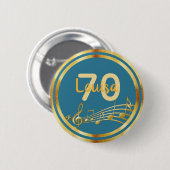 70. Geburtstag Gold Musiknoten auf aquamarin blaug Button (Vorne & Hinten)