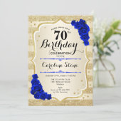 70. Geburtstag - Gold Stripes Royal Blue Rose Einladung (Stehend Vorderseite)