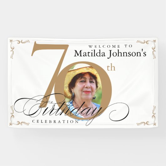 70. Geburtstag Gold Weißkalligrafie Custom Foto Banner (Horizontal)