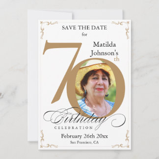 70. Geburtstag Gold White Save the Date Custom Einladung