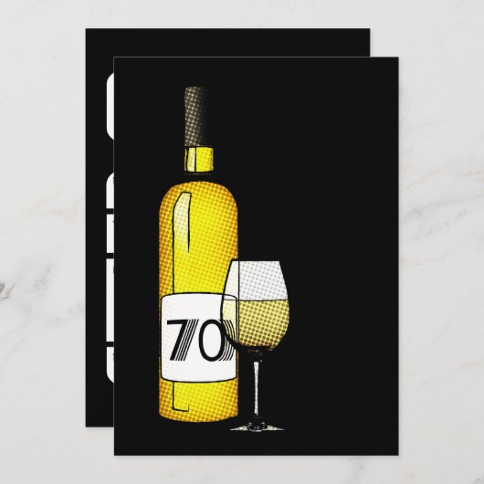 70. Geburtstag : halftone Weinflasche & Glas Einladung (Vorne/Hinten)