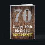 70. Geburtstag: Inspirierter Western Karte<br><div class="desc">Dieses American Wild West und landesweit Geburtstagskartendesign enthält eine große rustikal Nummer "70", die Meldung "Happy 70 th Birthday", einen benutzerdefinierbaren Namen und einen Imitat/Imitation Holzkorn Stil Muster Hintergrund. Das Innere hat eine bearbeitbare Geburtstagsgrüße, oder könnte gelöscht und links werden, wenn eine Nachricht von Hand geschrieben werden soll. Eine bearbeitbare...</div>