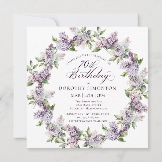 70. Geburtstag Lila Lilac Spring Blume Square Einladung (Vorderseite)