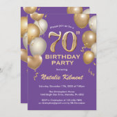 70. Geburtstag Lila und Gold Glitzer Balloons Einladung (Vorne/Hinten)