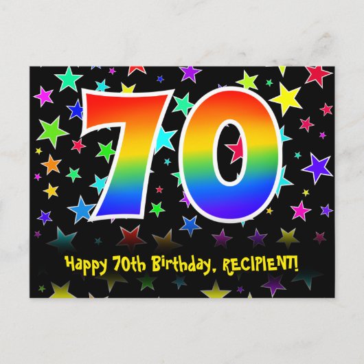 70. Geburtstag: Lustiges Sterne Muster, Regenbogen Postkarte (Vorderseite)