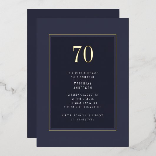 70. Geburtstag Minimal Eleganter dunkler Goldrahme Folieneinladung (Vorderseite/Rückseite)