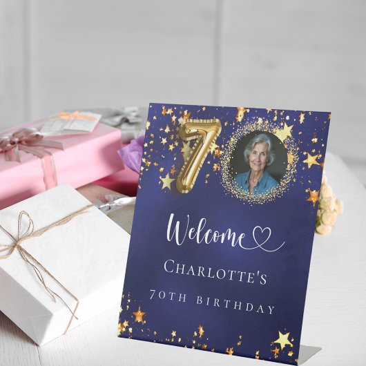70. Geburtstag mit blauen Goldstars Foto willkomme Sockelschild