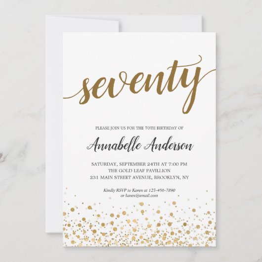 70. Geburtstag Moderne Gold Confetti Dots Script Einladung (Vorderseite)