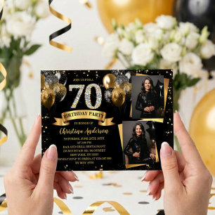 70. Geburtstag Moderne goldene Glitterballons 2 Fo Einladung