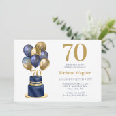70. Geburtstag Navy Blue Balloon Cake Einladung (Stehend Vorderseite)