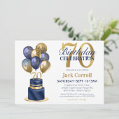 70. Geburtstag Navy Blue Balloon Cake Einladung (Stehend Vorderseite)