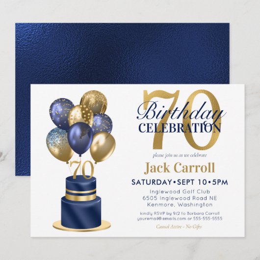 70. Geburtstag Navy Blue Balloon Cake Einladung (Vorne/Hinten)