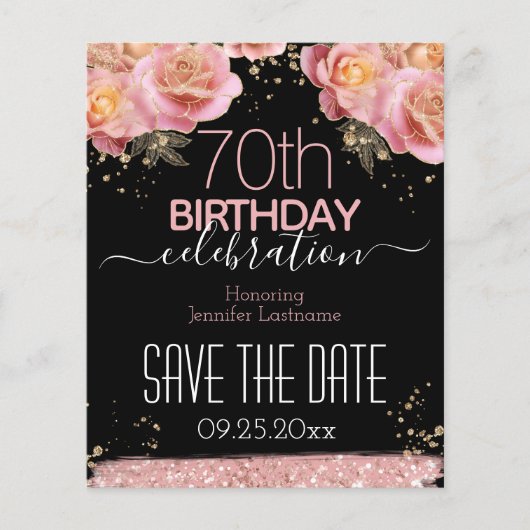 70. Geburtstag Pink Glitzer Floral Flyer (Vorne)