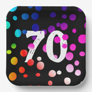 70. Geburtstag Rainbow Dots auf Black Pappteller