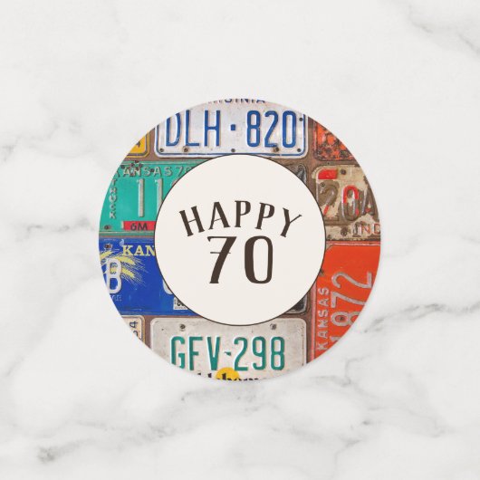 70. Geburtstag Retro License Teller Konfetti (Klein Vorderseite)