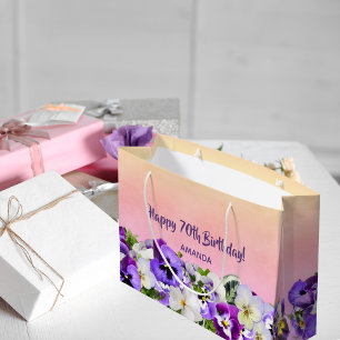 70. Geburtstag rosa lila Floralmonogramm Große Geschenktüte